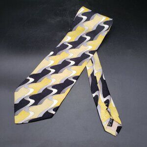 Italian Silk Tie Yellow Black Gray Wave Pattern Hand-Finished Look 58"x4" Unbran